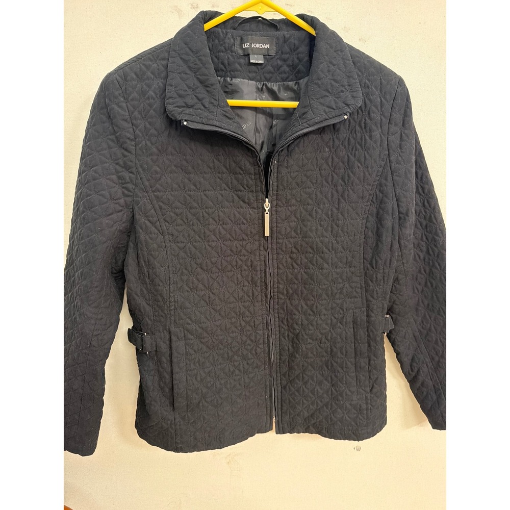 Liz Jordan Black Quilted Zip Up Jacket Women Large Diamond Texture Cinch Waist